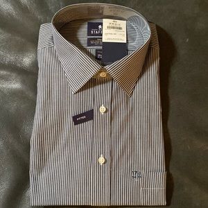 NWT. Stafford navy and white small striped dress shirt. Fitted 17.5x34/35